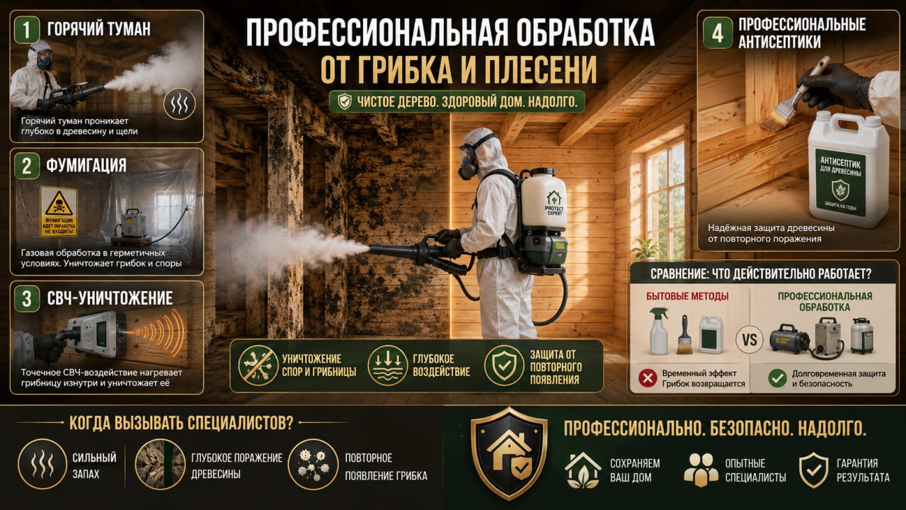 Профессиональная обработка от грибка: горячий туман, фумигация и СВЧ-уничтожение